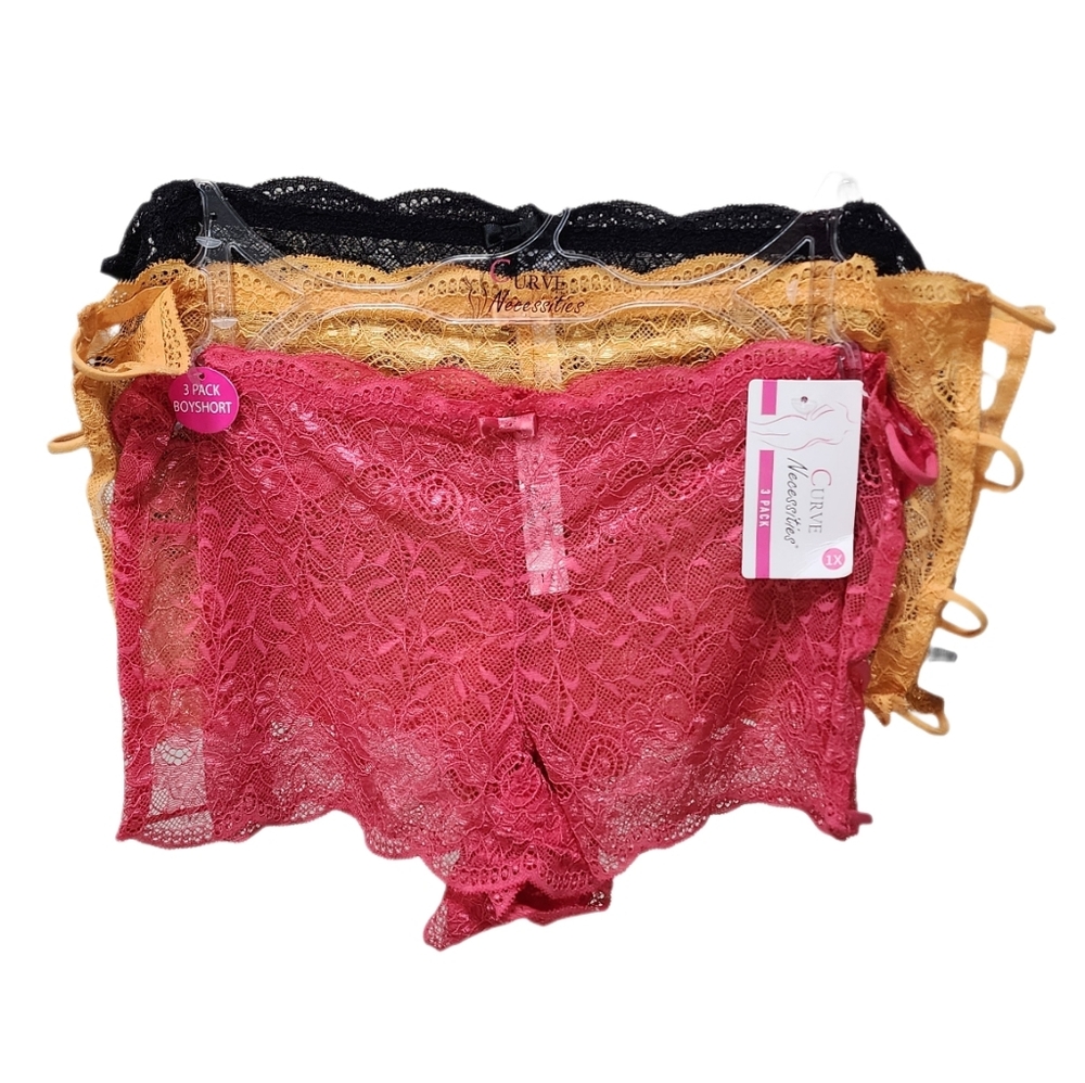 Curve Necessities Plus Size 3-pk Side String Lace boyshort Panties Multicolor 1X